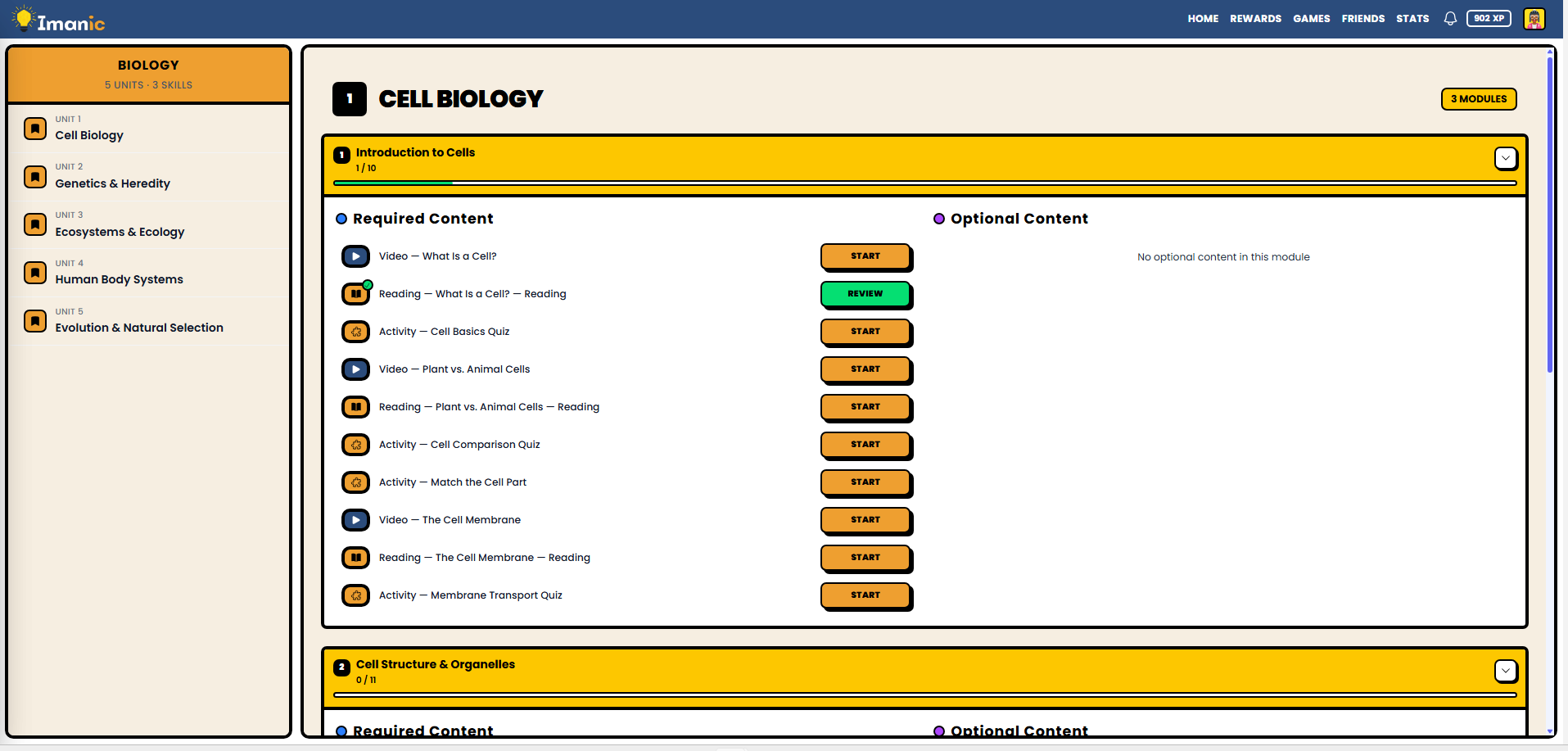 Biology course view with units, modules, and lesson list