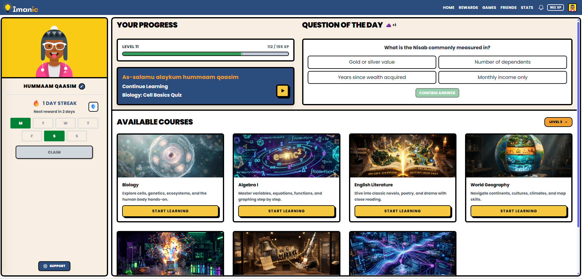 Student dashboard with course cards and daily progress