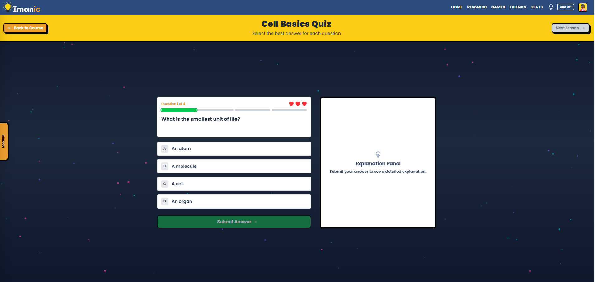 Quiz activity with multiple choice and explanation panel