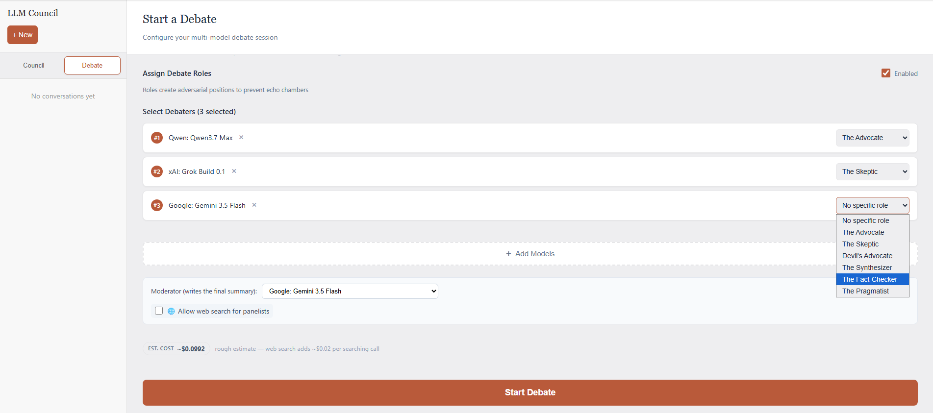 Debate setup with adversarial role assignment